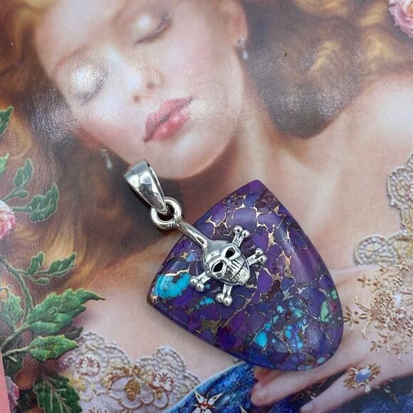 Skull Copper Purple Turquoise Sterling Silver Pendant - Picture 1 of 7